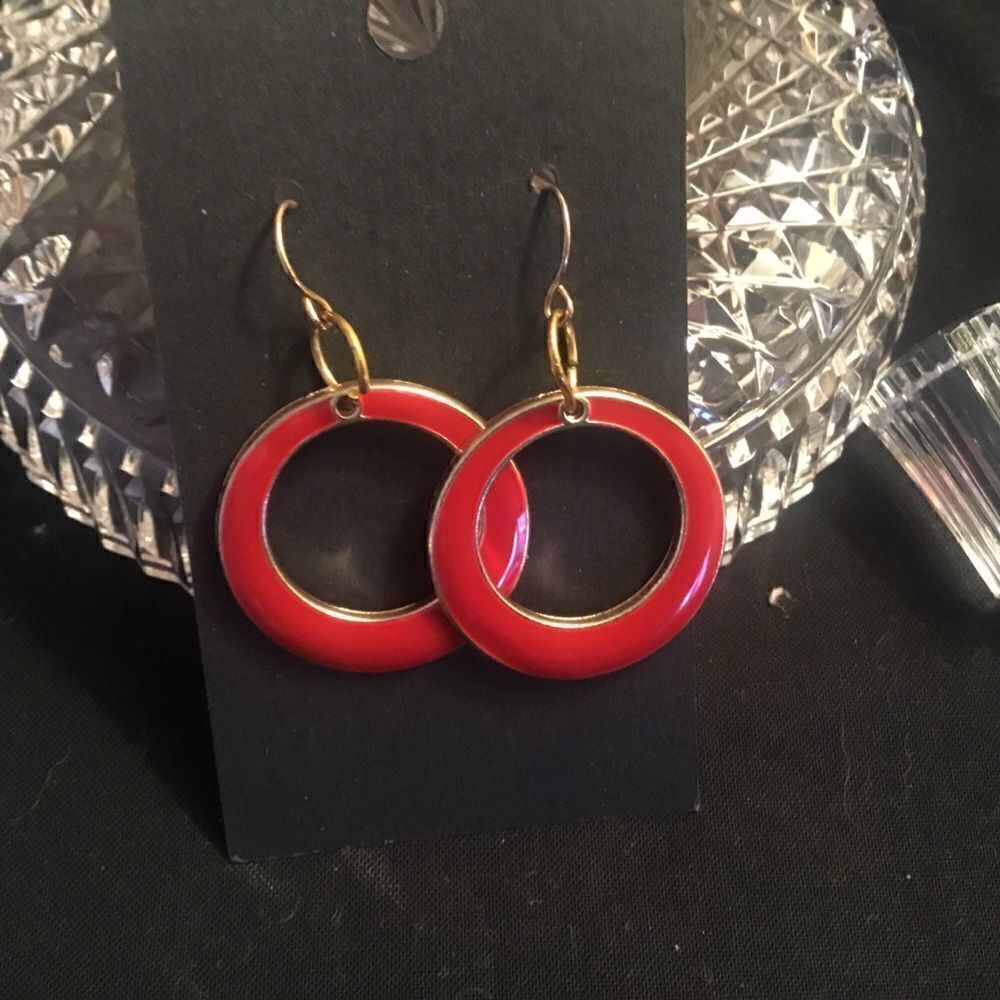 Goldtone and Red Enamel Hoops - Picture 2 of 4